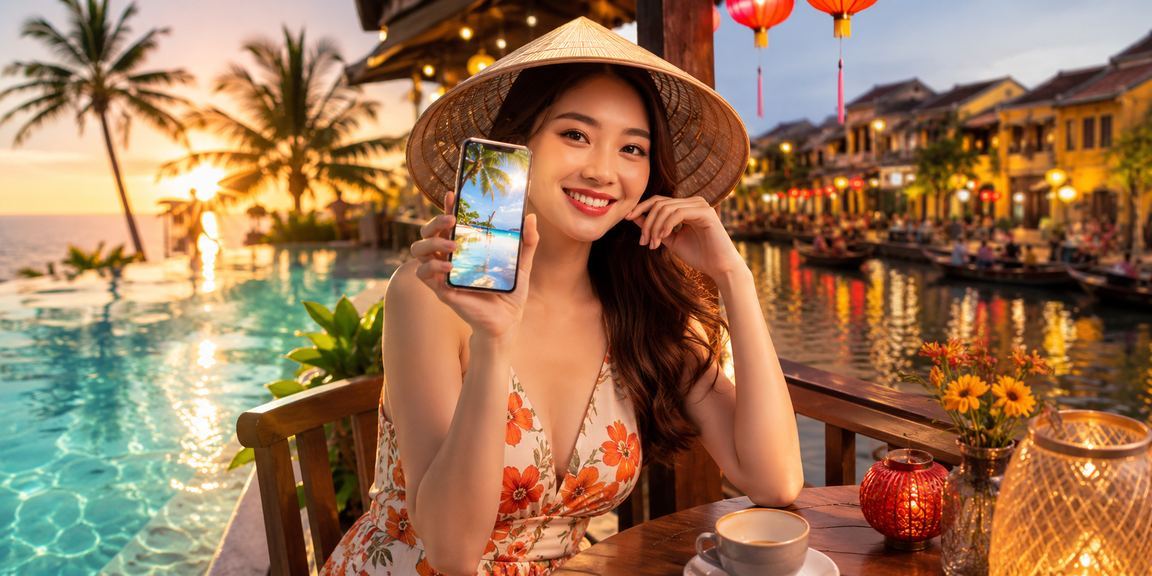 Người dùng Hội An chơi casino trên điện thoại bên ly cà phê buổi sáng